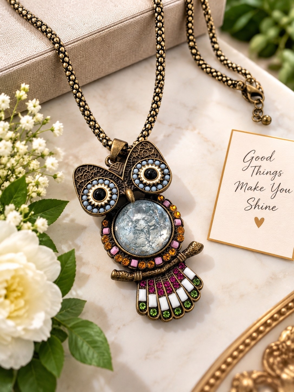 Vintage-Inspired Multicolor Owl Pendant Necklace - Bronze Tone